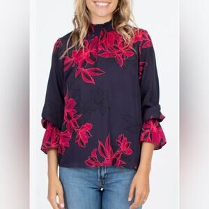 MISA Los Angeles Floral High Neck Shirred Blouse Size XS